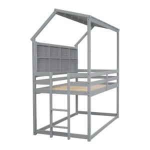 Bellemave Twin Size House Bunk Bed with Bookshelves for Kids,Twin Over Twin Floor Bunk Beds with Semi-Enclosed Roof,Solid Wood Twin Size Low Bunk Bed for Girls Boys,Gray