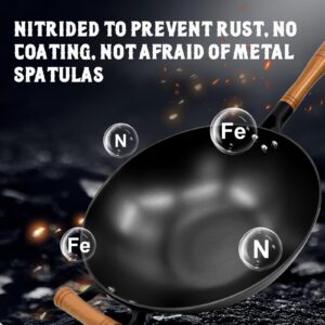 Cast Iron Wok 12.6 Inch Nitriding Process to Prevent Rust, Lotus Ripple Instant Heat Pre-Seasoned Stir Fry Pan with Helper Handle