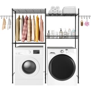 over the washer and dryer storage shelf, height adjustable laundry room organization shelf, clothes drying rack for laundry room organization and storage with wire basket, hanging rods and side hooks