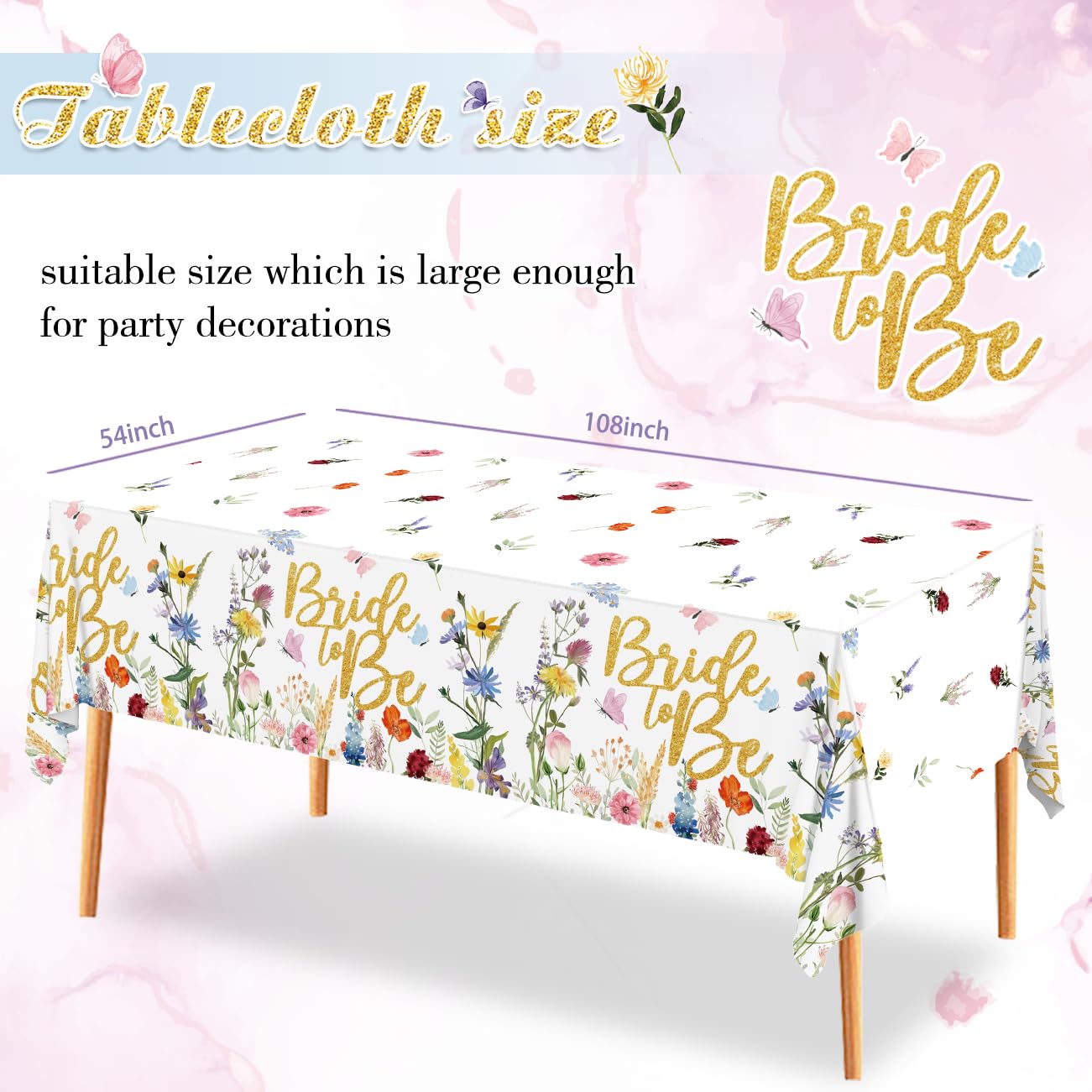 Bride to Be Floral Tablecloth, 3Pcs Bridal Shower Table Covers, Bride To Be Wedding Shower Decorations Wildflowers Disposable Bride To Be Table Cloth for Bride Wedding Engagement Party 108*54in