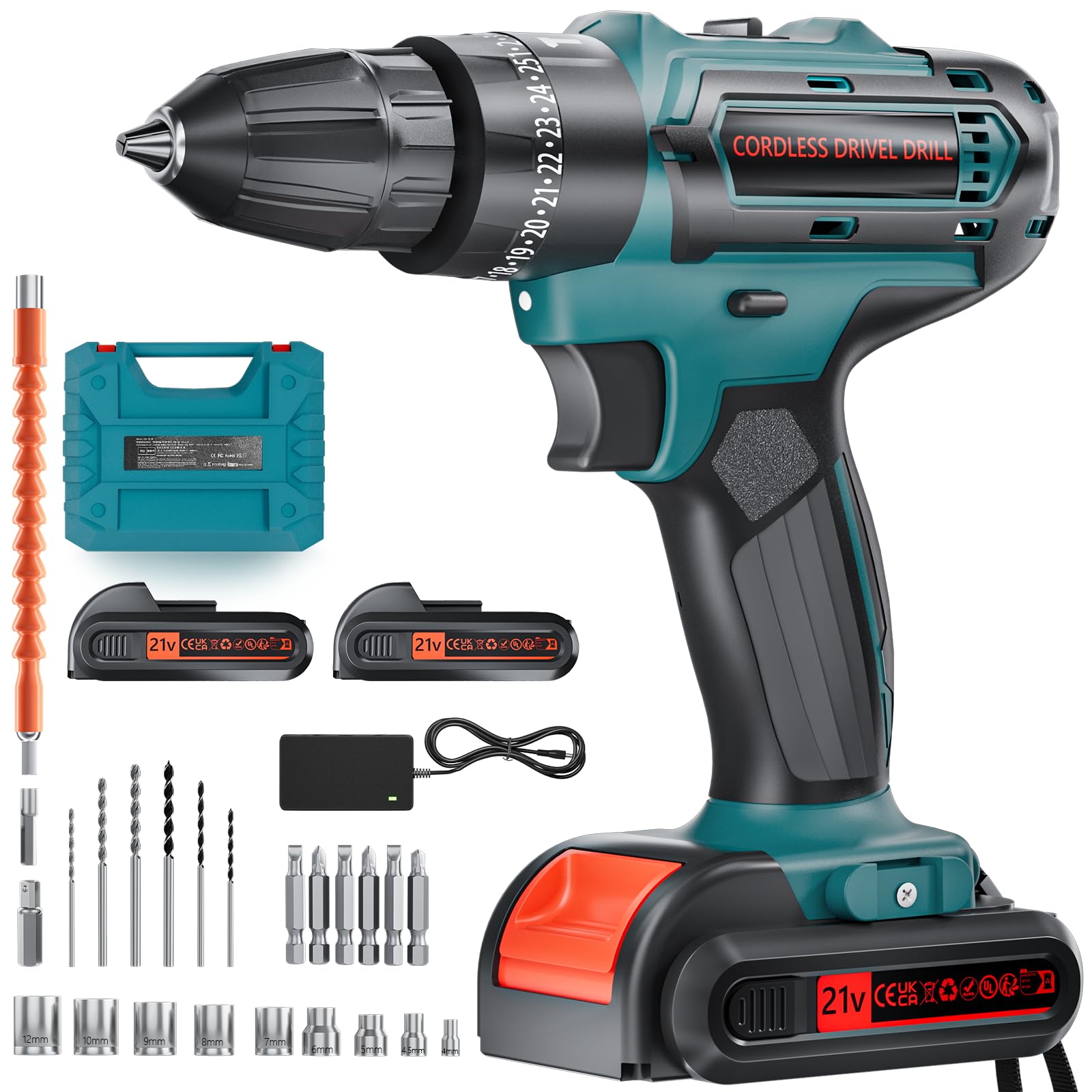 Cordless Power Drill Set with Battery and Charger,21V Cordless Drill Set, 25+3 Torque,2 Variable Speeds Electric Drill Set with 3/8'' Keyless Chuck,LED lights,2 Batteries