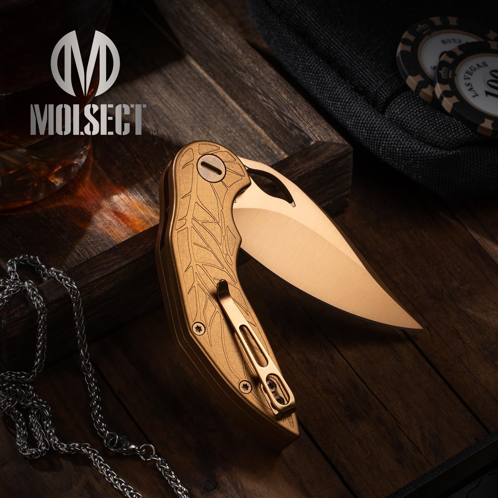 MOLSECT Latefall Pocket Folding Knife, Liner Lock EDC Knives with 2.7" K110 Blade, Ergonomic Handle, and Artistic Gold Finish