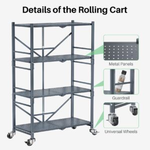 Folding Storage Shelves Metal Garage Shelving - 4 Tier Heavy Duty Foldable Shelf with Wheels, Grey