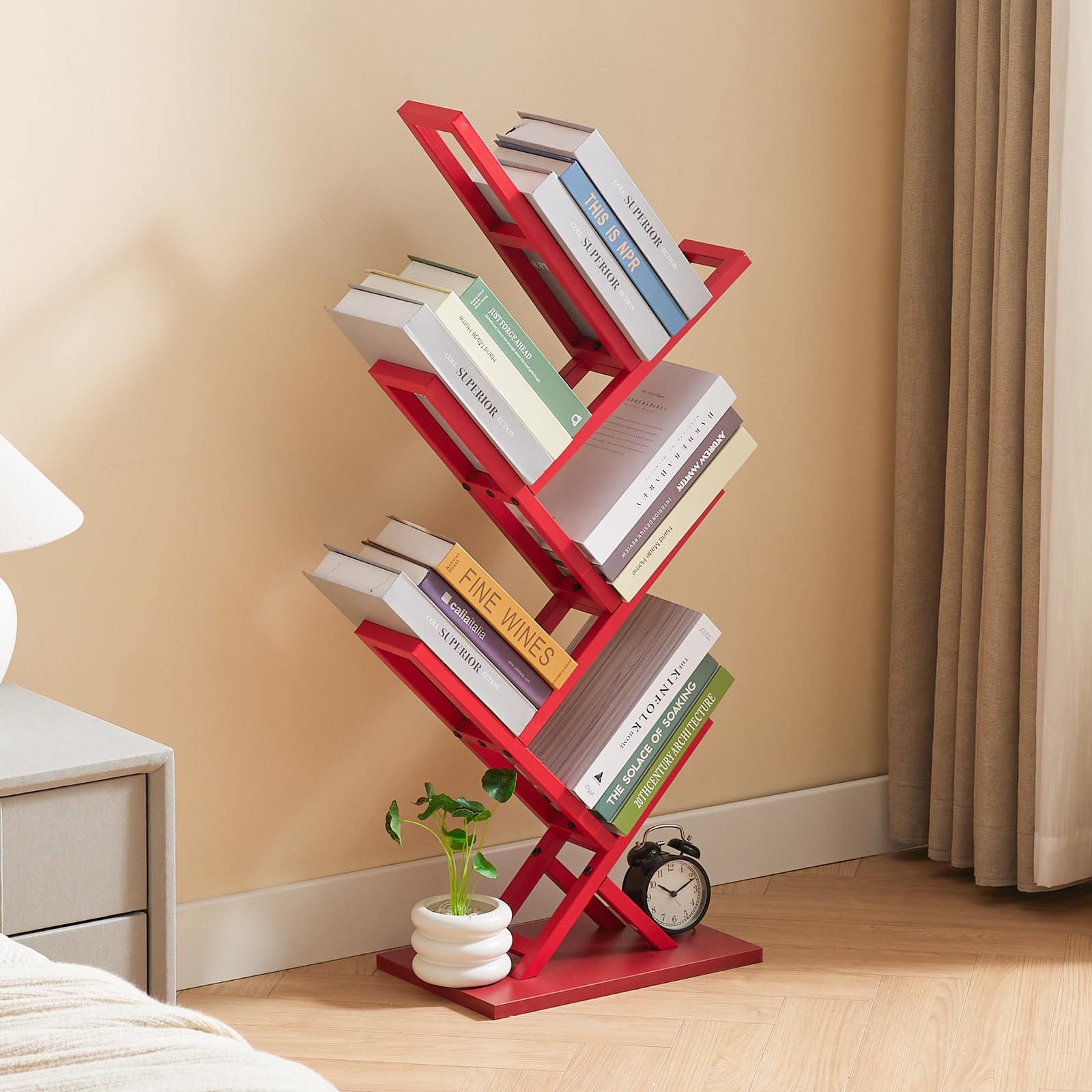 Ymesiyou 5 Tier Tree Bookshelf, Wisdom Tree Bookshelf, Modern Corner Book Shelfe, Small Bookshelf for Small Spaces, Utility Organizer for CDs/Books/Home Office/Living/Bedroom Room-Red