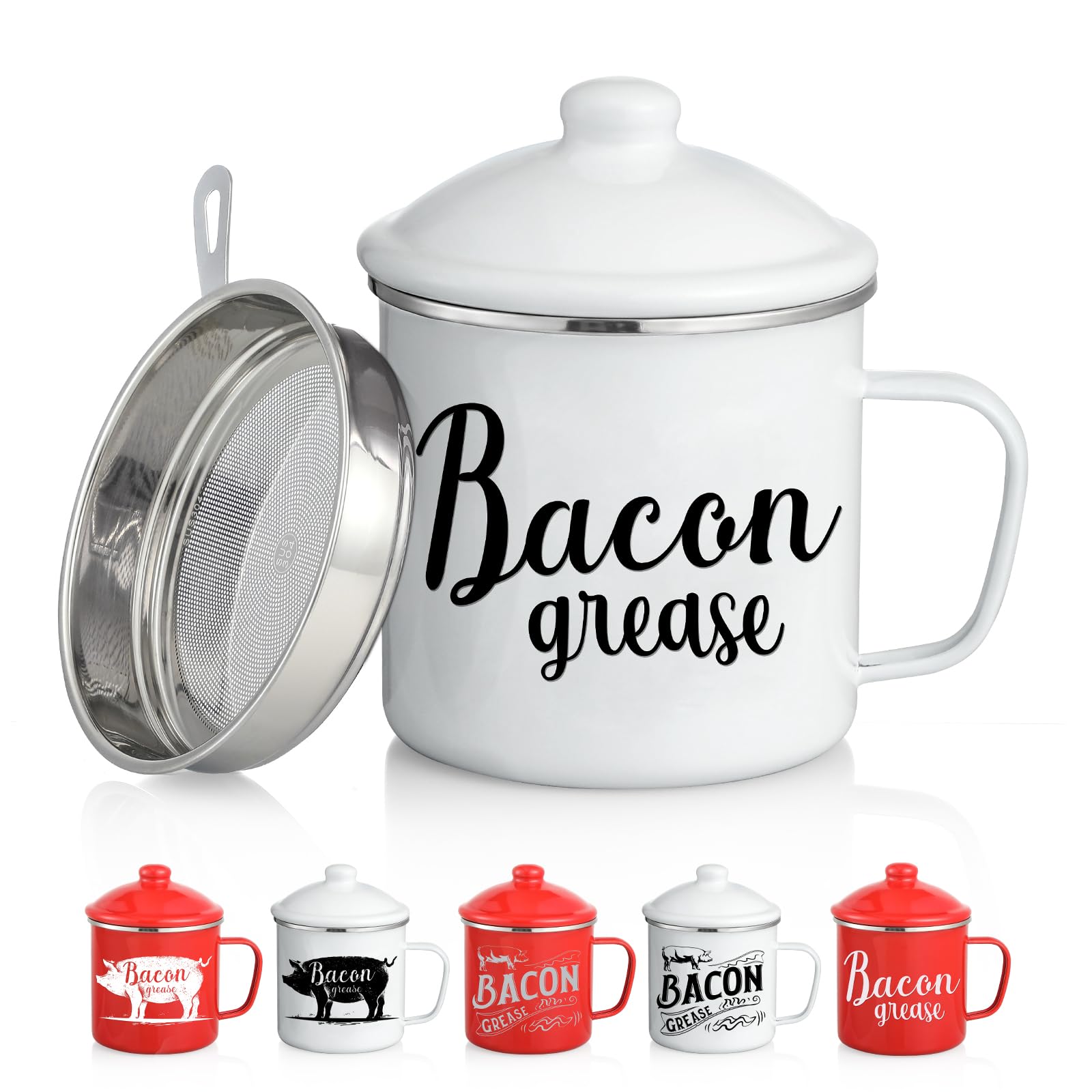 VITEVER 46OZ LARGE Bacon Grease Saver with Fine Mesh Strainer & Handle - Enamel Oil Keeper Container, Bacon Fat Dripping Can - Farmhouse Kitchen Gift & Decor Cooking Accessories - White, Style 3