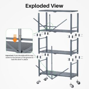 Folding Storage Shelves Metal Garage Shelving - 4 Tier Heavy Duty Foldable Shelf with Wheels, Grey