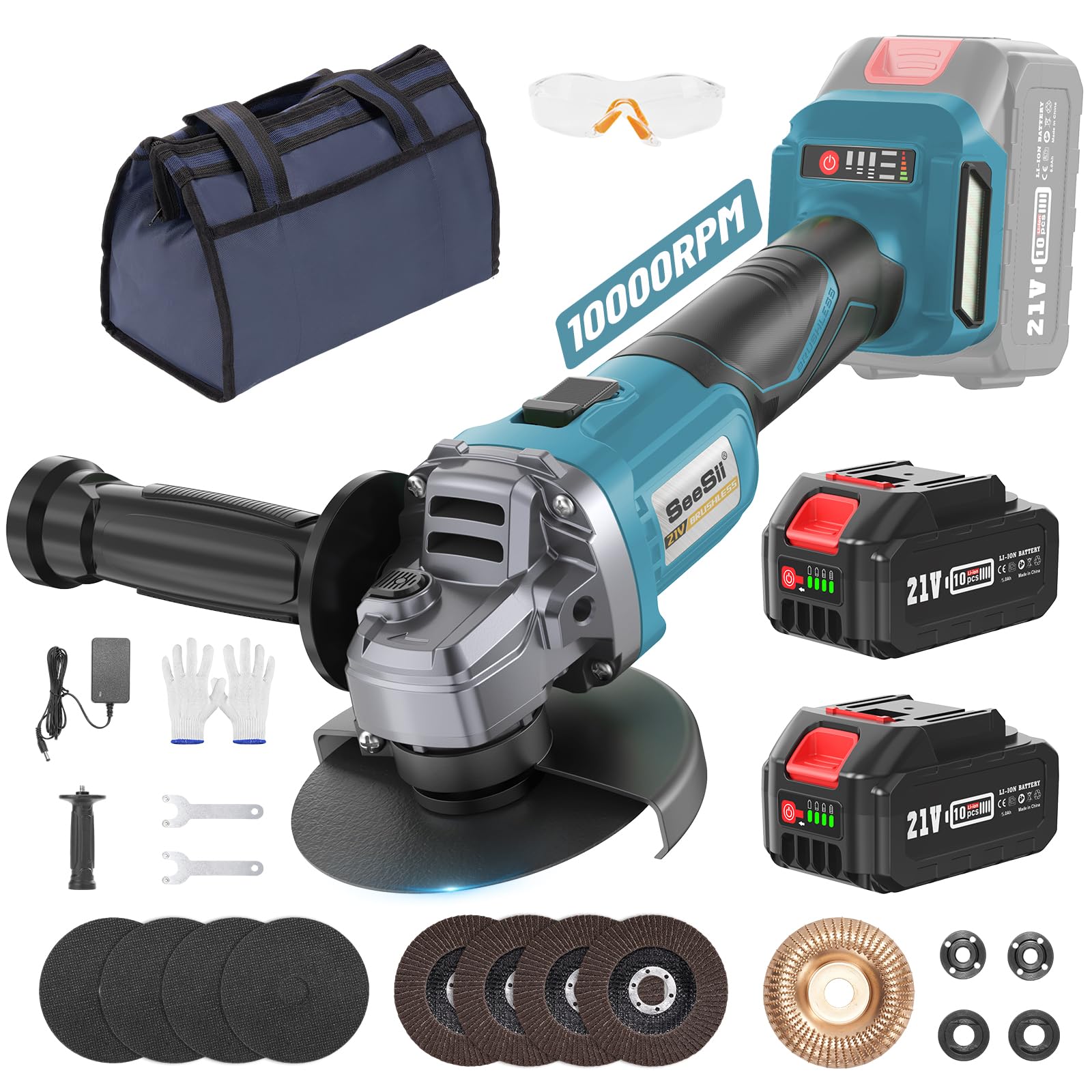 SEESII Cordless Angle Grinder Kit with 2x4.0Ah Batteries, 10000RPM Brushless Electric Metal Grinder w/ 4-1/2" Cutting Wheel, Flap Wheel, and Wool Carving Wheel for Precision Cutting & Grinding