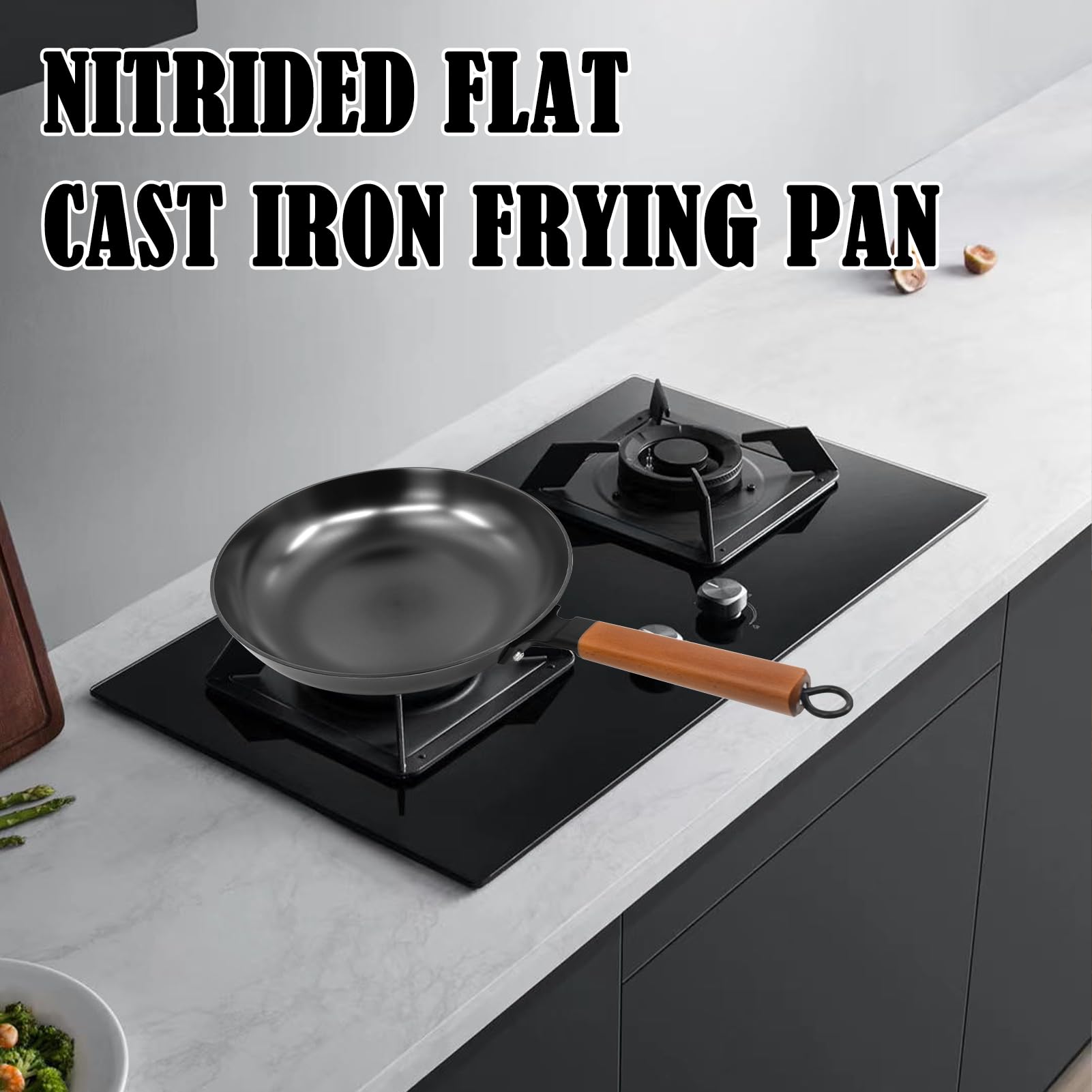 Cast Iron Frying Pan 11 Inch Nitriding Treatmentwith Wooden Handle Uncoated Process Frying Pan No Rust Healthy Cooking