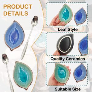 LYMOI 2 Pack Coffee Spoon and Leaf Rest Set, Ice Cracks Leaf Ladle Holder, Tea Spoon Rest for Kitchen Counter, Dining Table, Coffee Bar Teaspoon Rest with Spoon (Lake blue and Sapphire)