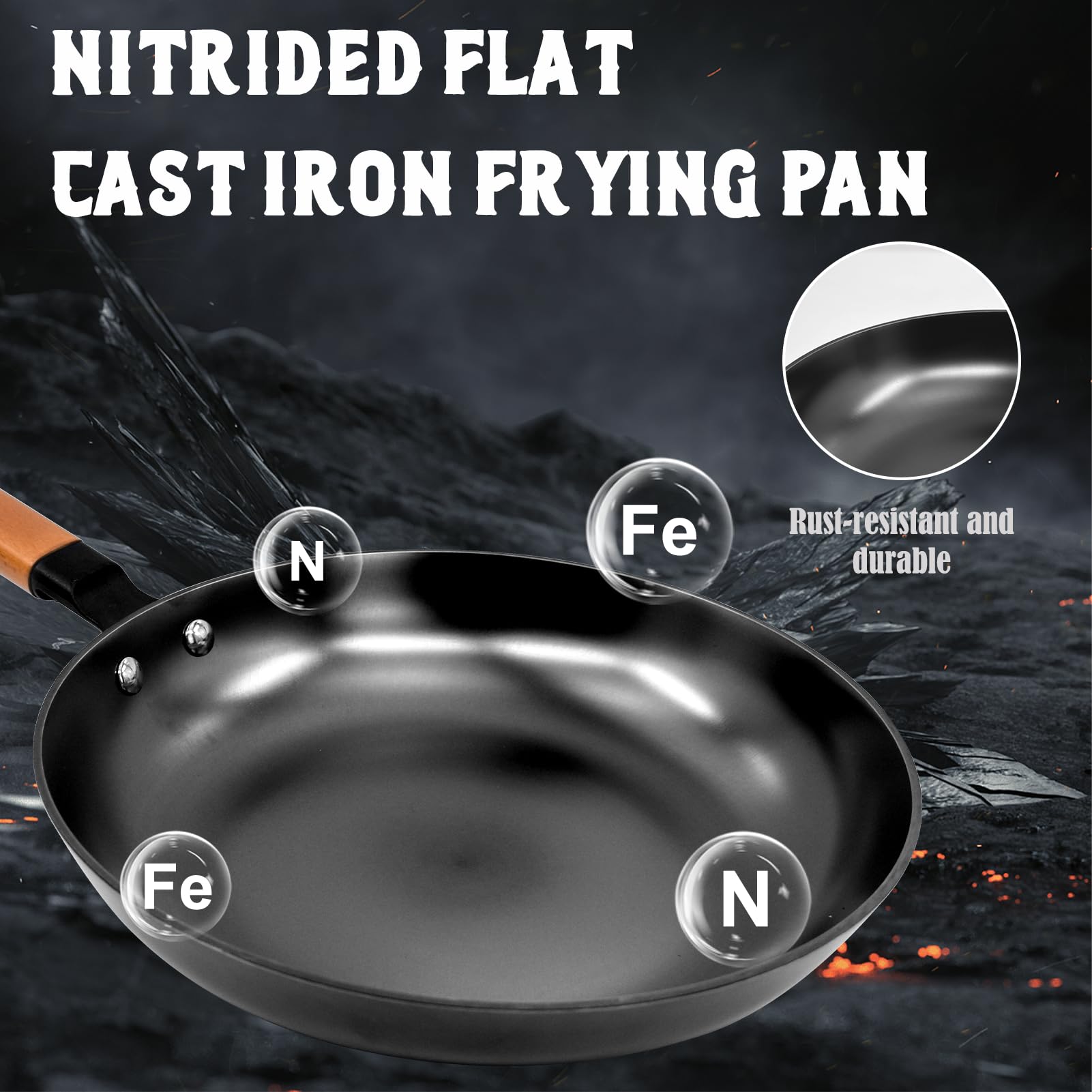 Cast Iron Frying Pan 11 Inch Nitriding Treatmentwith Wooden Handle Uncoated Process Frying Pan No Rust Healthy Cooking