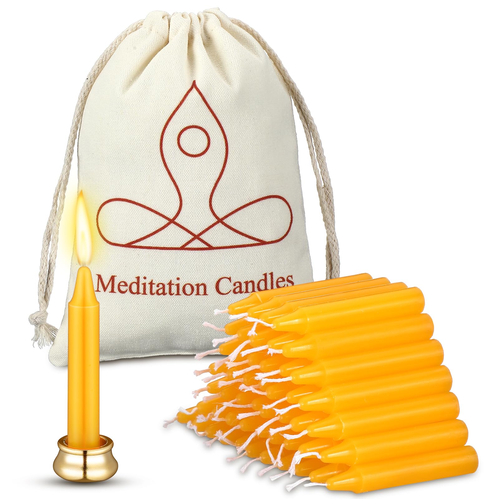 Threlaco 52 Pcs 30 Minute Meditation Candle Bulk 50 Mindful Meditation Candles Mini Taper Candles Ritual Candle for Meditation with Brass Taper Candle Holder Canvas Bag Prayer Gift for Yoga Relaxation