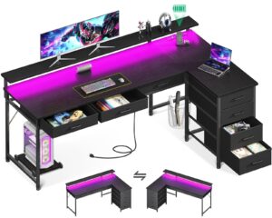 aodk 61" l shaped desk with 7 file drawers, gaming desk with led light & power outlet, reversible home office desk with monitor shelf & movable cpu stand, corner computer desk, black