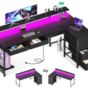 AODK 61" L Shaped Desk with 7 File Drawers, Gaming Desk with LED Light & Power Outlet, Reversible Home Office Desk with Monitor Shelf & Movable CPU Stand, Corner Computer Desk, Black