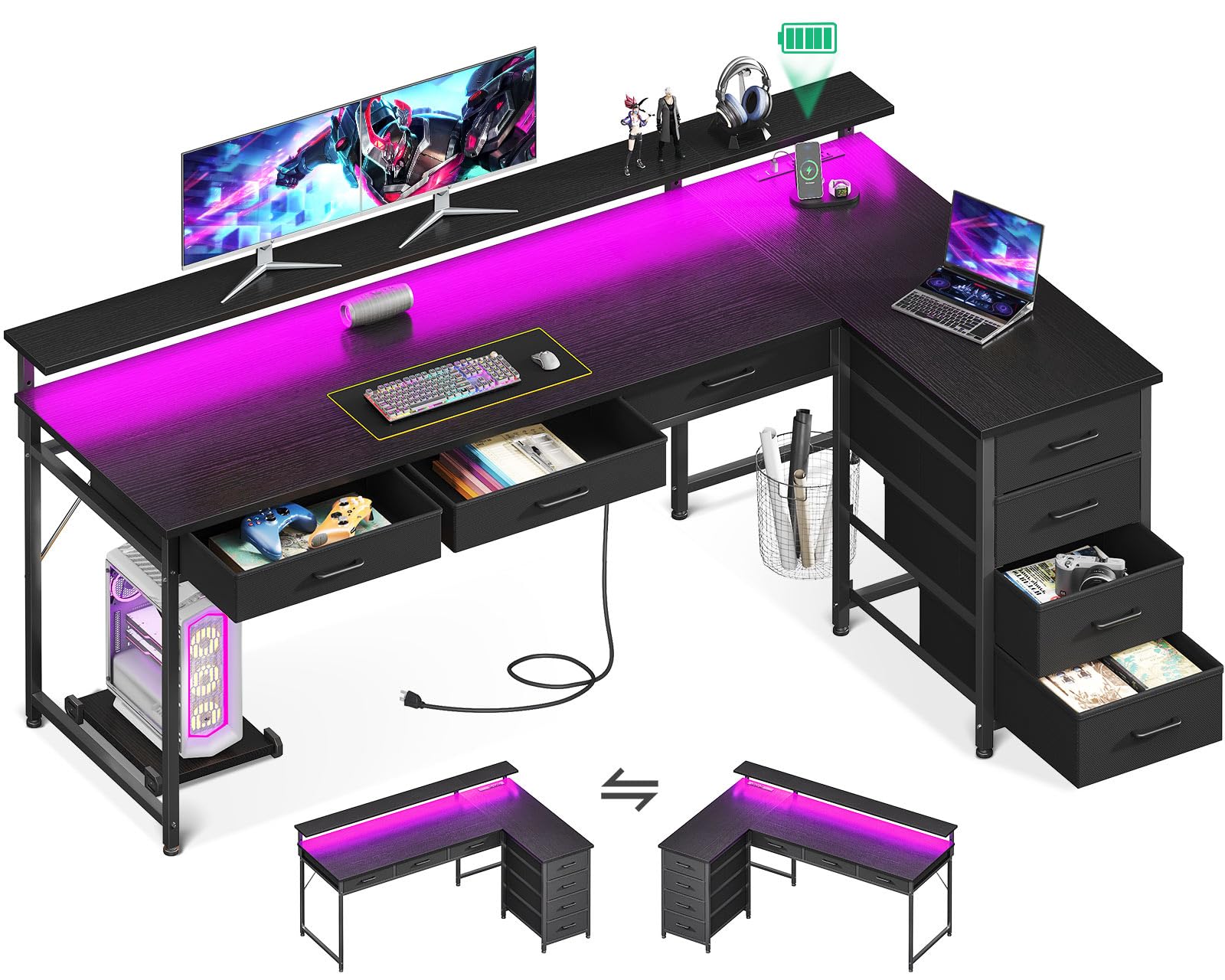 AODK 61" L Shaped Desk with 7 File Drawers, Gaming Desk with LED Light & Power Outlet, Reversible Home Office Desk with Monitor Shelf & Movable CPU Stand, Corner Computer Desk, Black