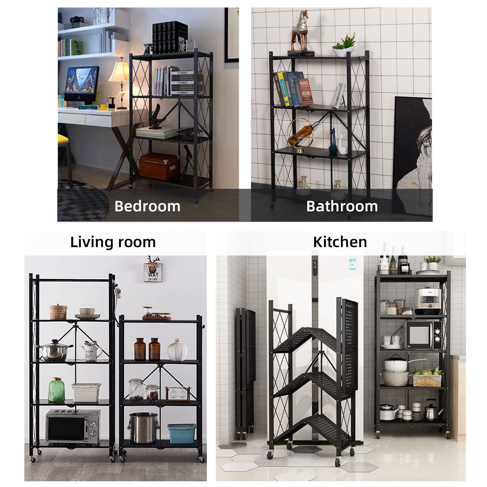 BRIGHTSHOW 5 Tier Storage Shelves Unit, Foldable Garage Shelving Metal Wire Shelf Rack, No Assembly Baker Rack Organizer Microwave Stand for Kitchen, Basement, Pantry, Laundry Room (5 tire Shelf)