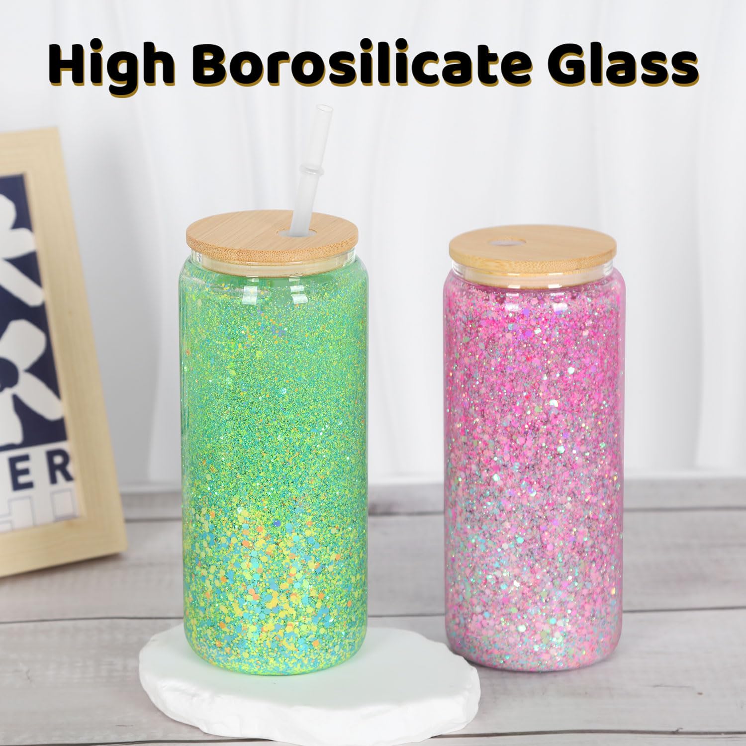 Maucircol 20 Oz Snow Globe Tumbler, 4 Pack Pre-Drilled Sublimation Glass Cup For Glitter Snow Globe Diy, Double Wall Sublimation Glass Tumbler