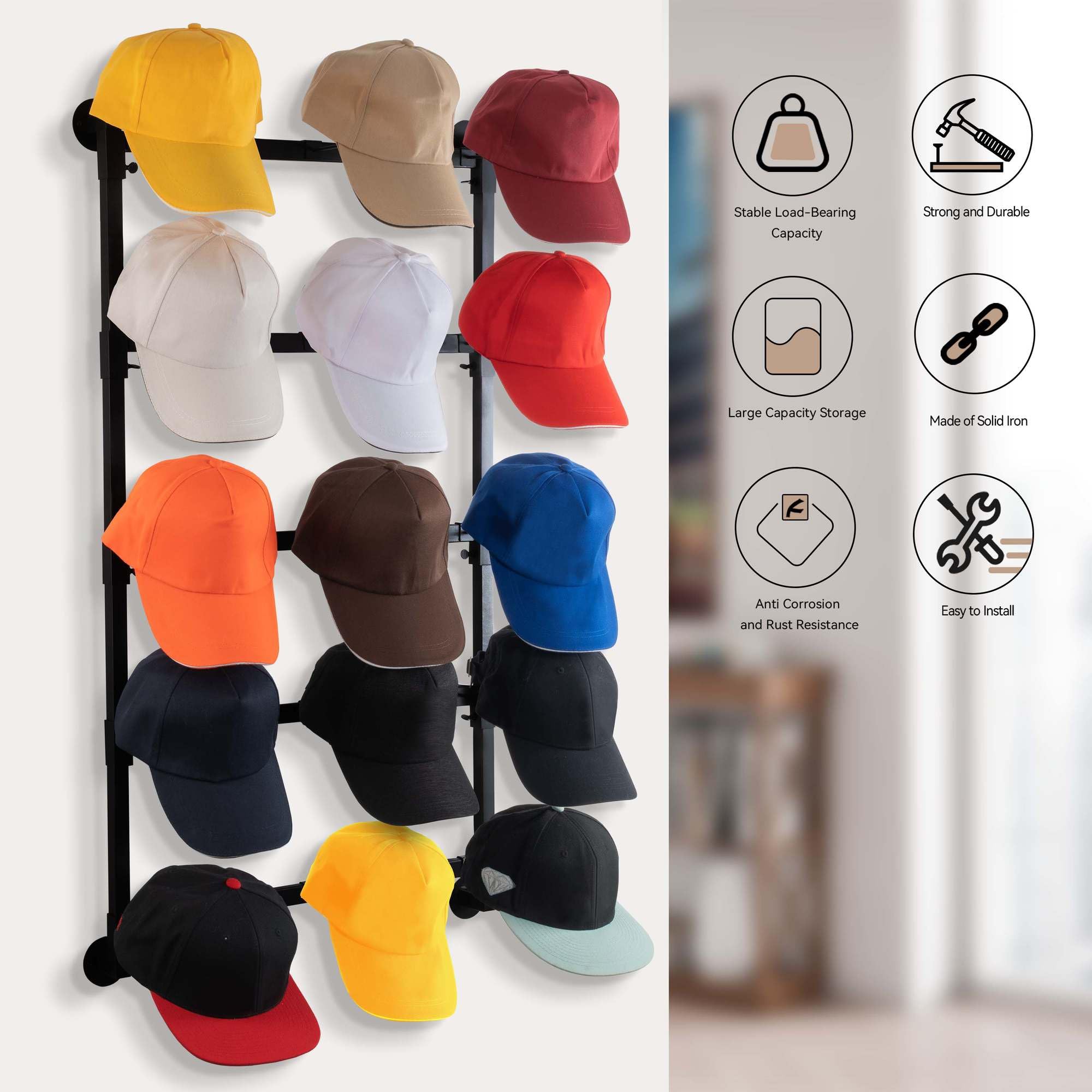 AQAREA Hat Rack Wall Storage for Closet: Hat Storage Hanger Wall Mount for Baseball - Bedroom Cap Display Organization - 5 Layer