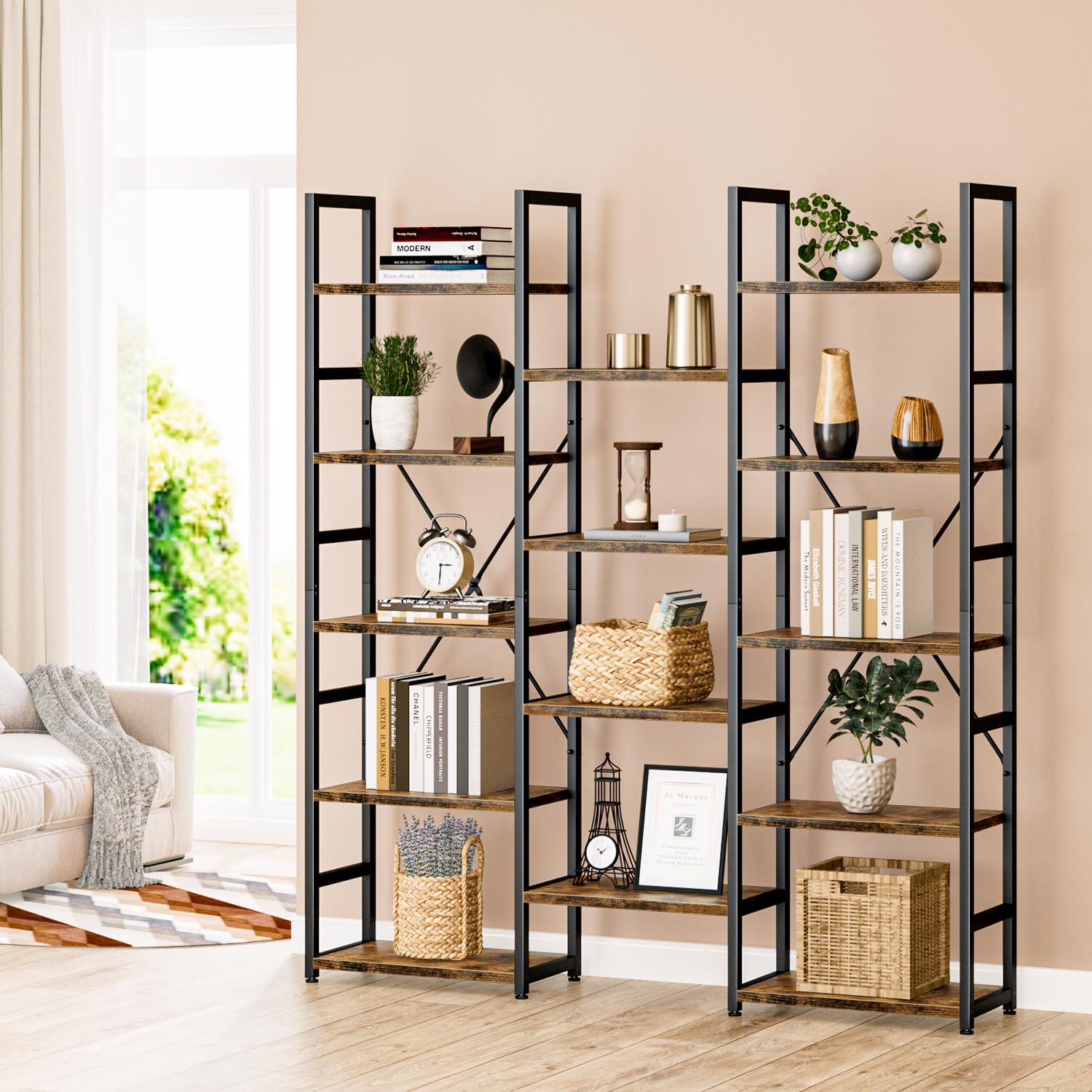 NUMENN Triple Column 5 Tier Bookshelf, Bookcase with 14 Open Display Shelves, Adjustable Rustic Industrial Style Book Shelves, Modern Bookshelves for Bedroom, Living Room and Home Office, Vintage