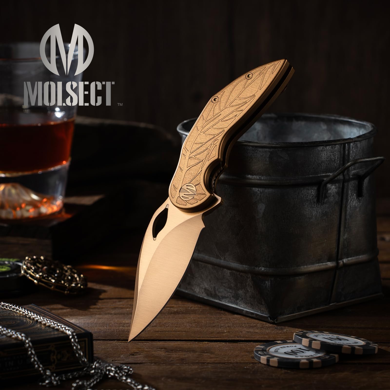 MOLSECT Latefall Pocket Folding Knife, Liner Lock EDC Knives with 2.7" K110 Blade, Ergonomic Handle, and Artistic Gold Finish