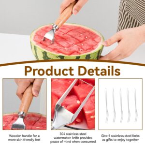 Watermelon Slicer Cuts Watermelons into Cubes, Stainless Steel Melon Cutter with Wooden Handle, Watermelon Cutting Tool Fruit Cutter with 5 Fruit Forks