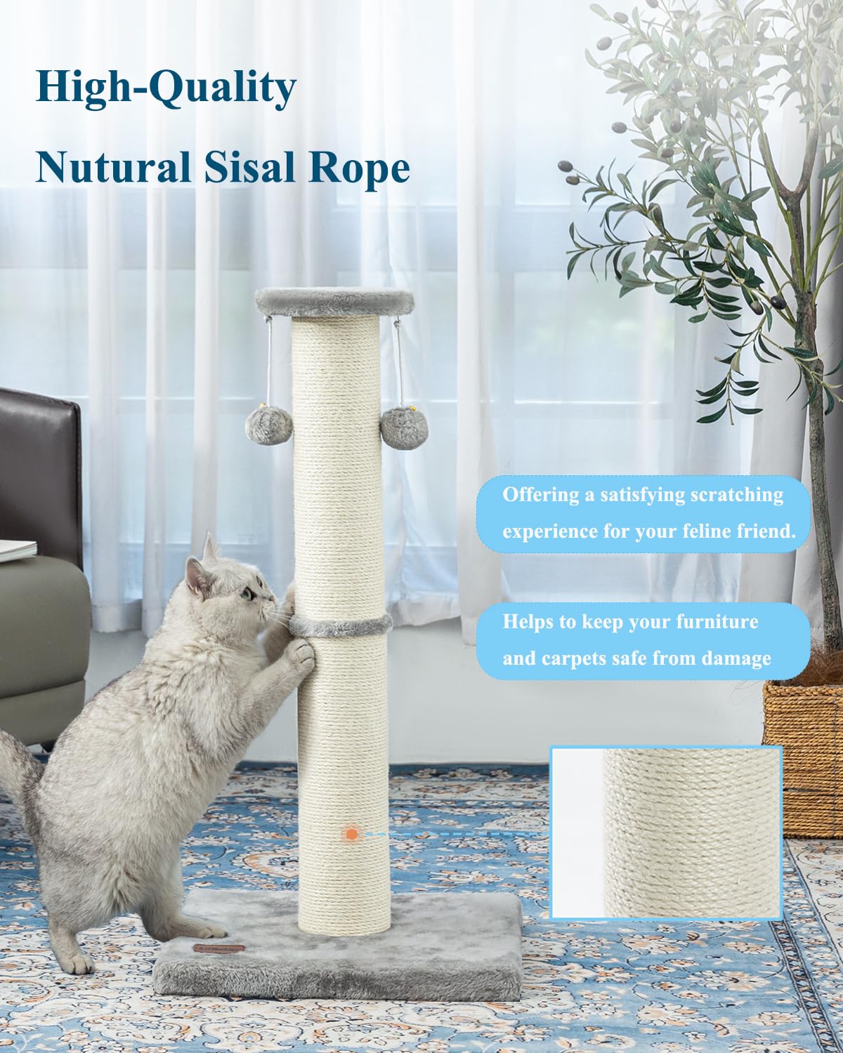 Kilodor 34Inch Tall Cat Scratching Post,4.3Inch Diameter Large Sisal Cat Scratch Post with Ball, Sturdy and Durable Cat Scratcher for Indoor Cats Adults Grey