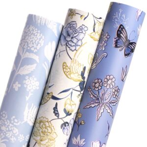 ribbli floral wrapping paper mini roll, 3 rolls dusty blue vintage flower gift wrap for women girl friend wedding - 17 inch x 120 inch(10feet) per roll