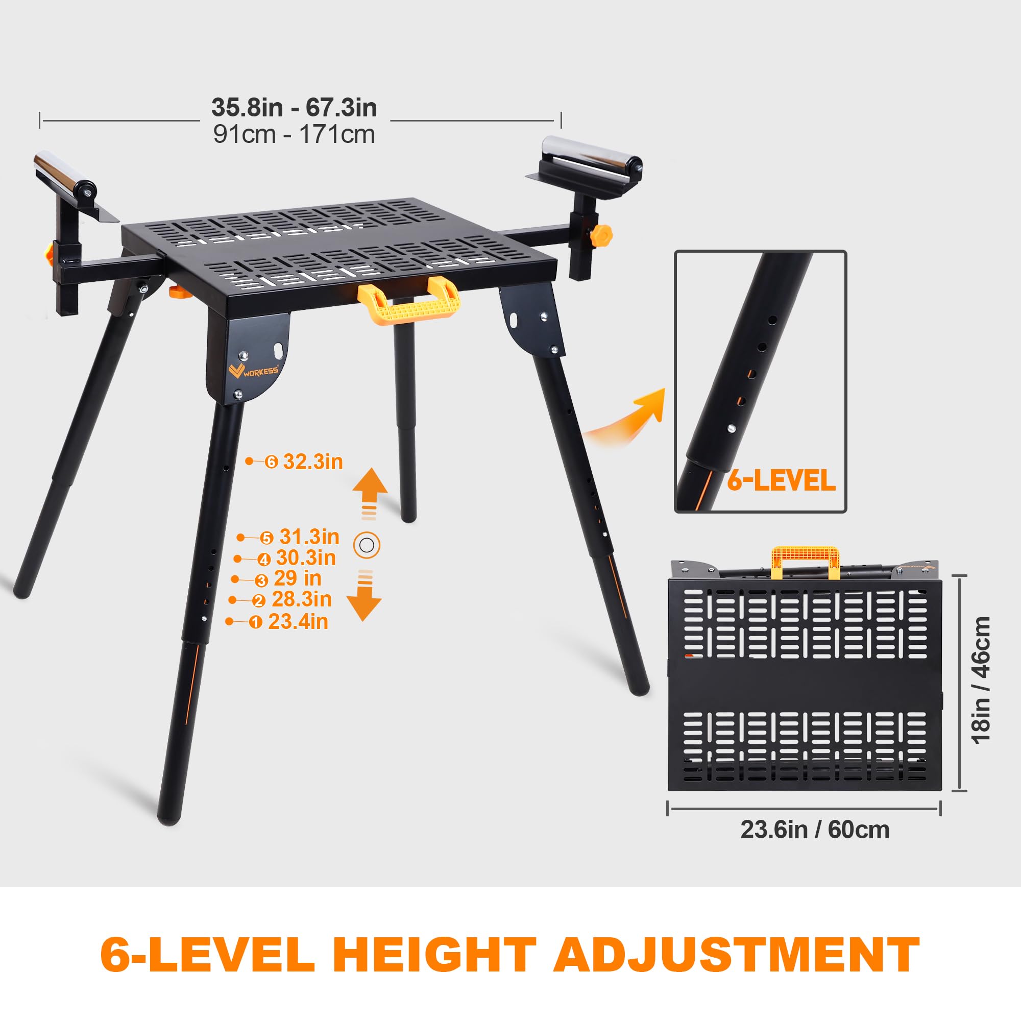 WORKESS Universal Miter Saw Stand with Grid Tabletop 300 lbs Load Capacity 6-Level Height Adjustment Table Saw Stand WK-MS046