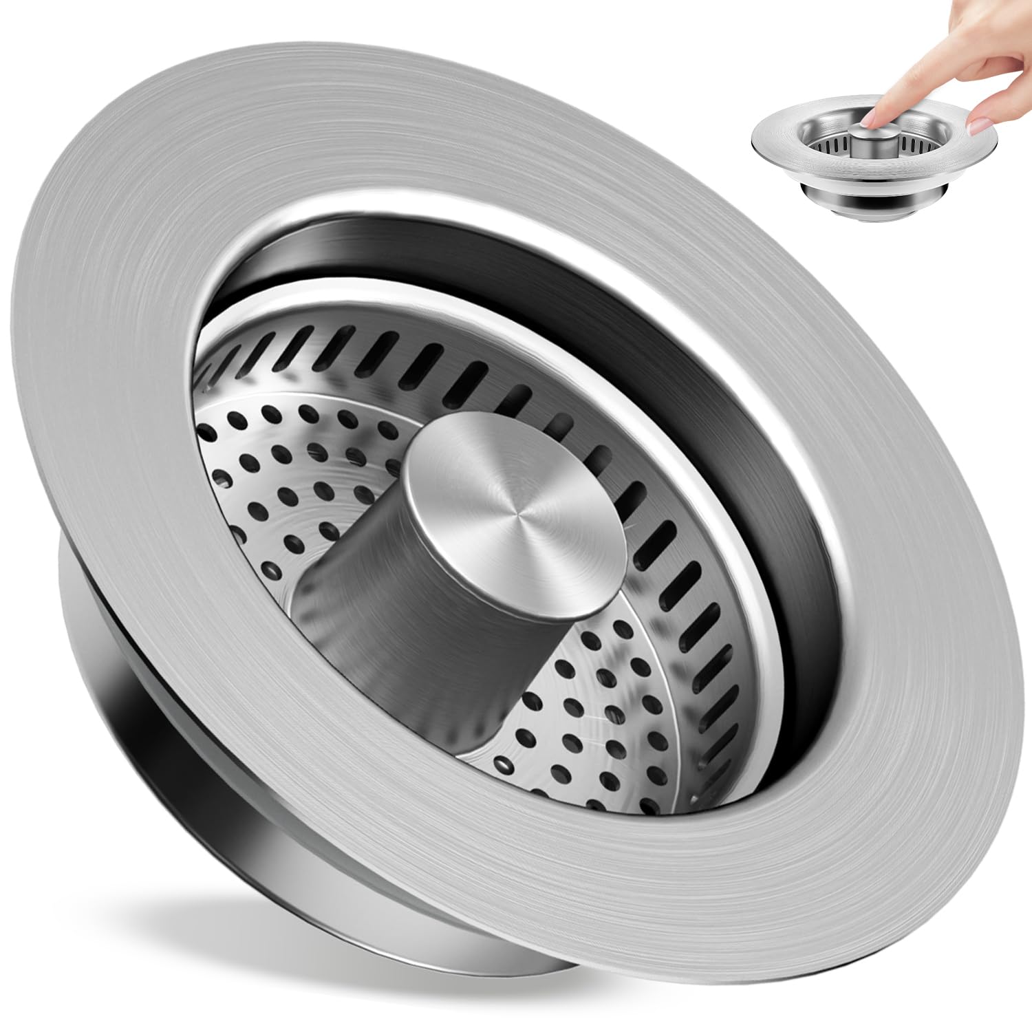 Kitchen Sink Drain Strainer 3 in 1, 304 Stainless Steel Pop Up Sink Stopper, Anti-Clogging Sink Drain Strainer for US Standard Kitchen Drain (SUS304 Brushed)