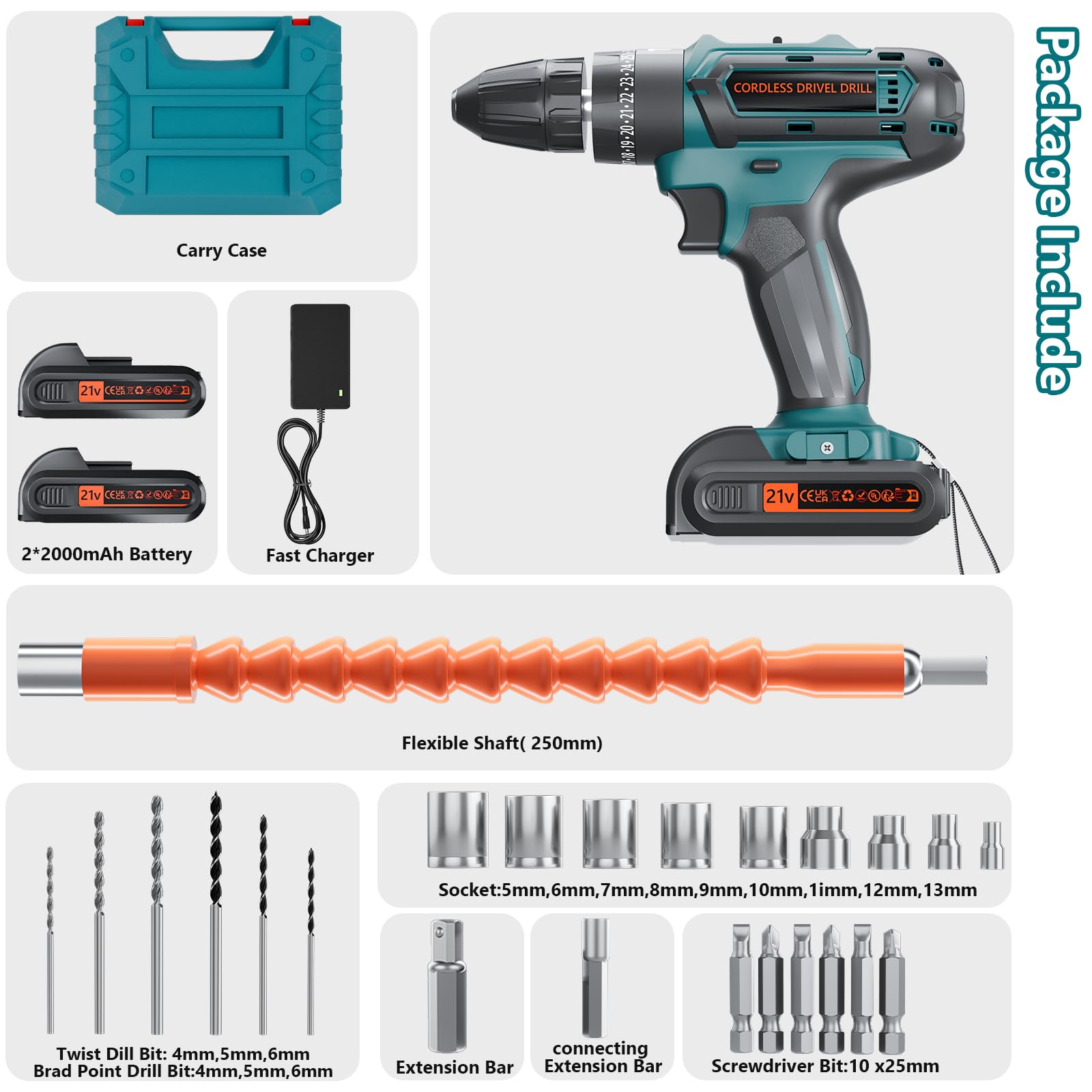 Cordless Power Drill Set with Battery and Charger,21V Cordless Drill Set, 25+3 Torque,2 Variable Speeds Electric Drill Set with 3/8'' Keyless Chuck,LED lights,2 Batteries