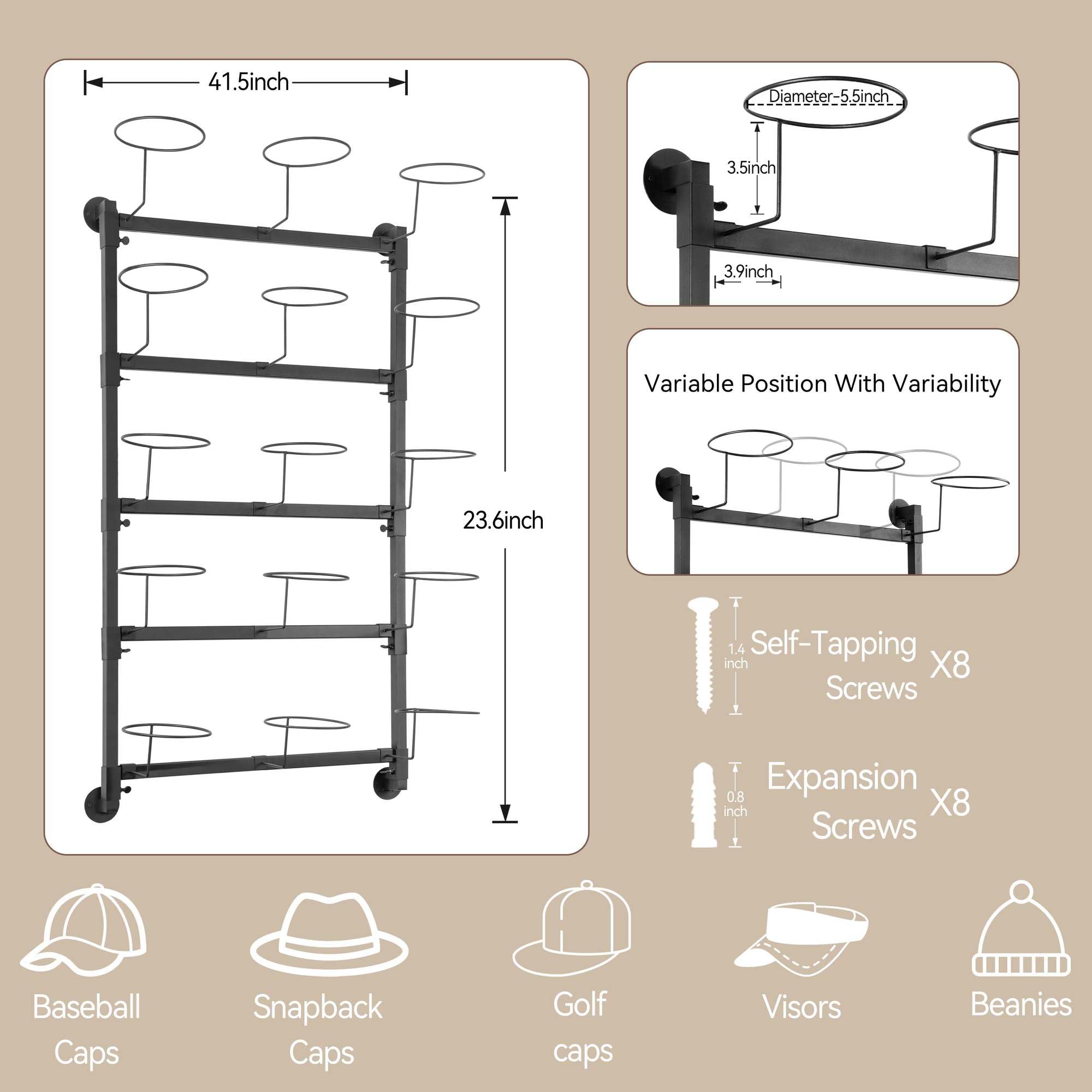 AQAREA Hat Rack Wall Storage for Closet: Hat Storage Hanger Wall Mount for Baseball - Bedroom Cap Display Organization - 5 Layer