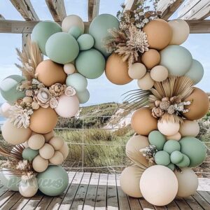 dusty green tan balloon garland double stuffed light sage green white sand brown balloon pastel green beige balloon arch kit for baby shower birthday wedding party decoration