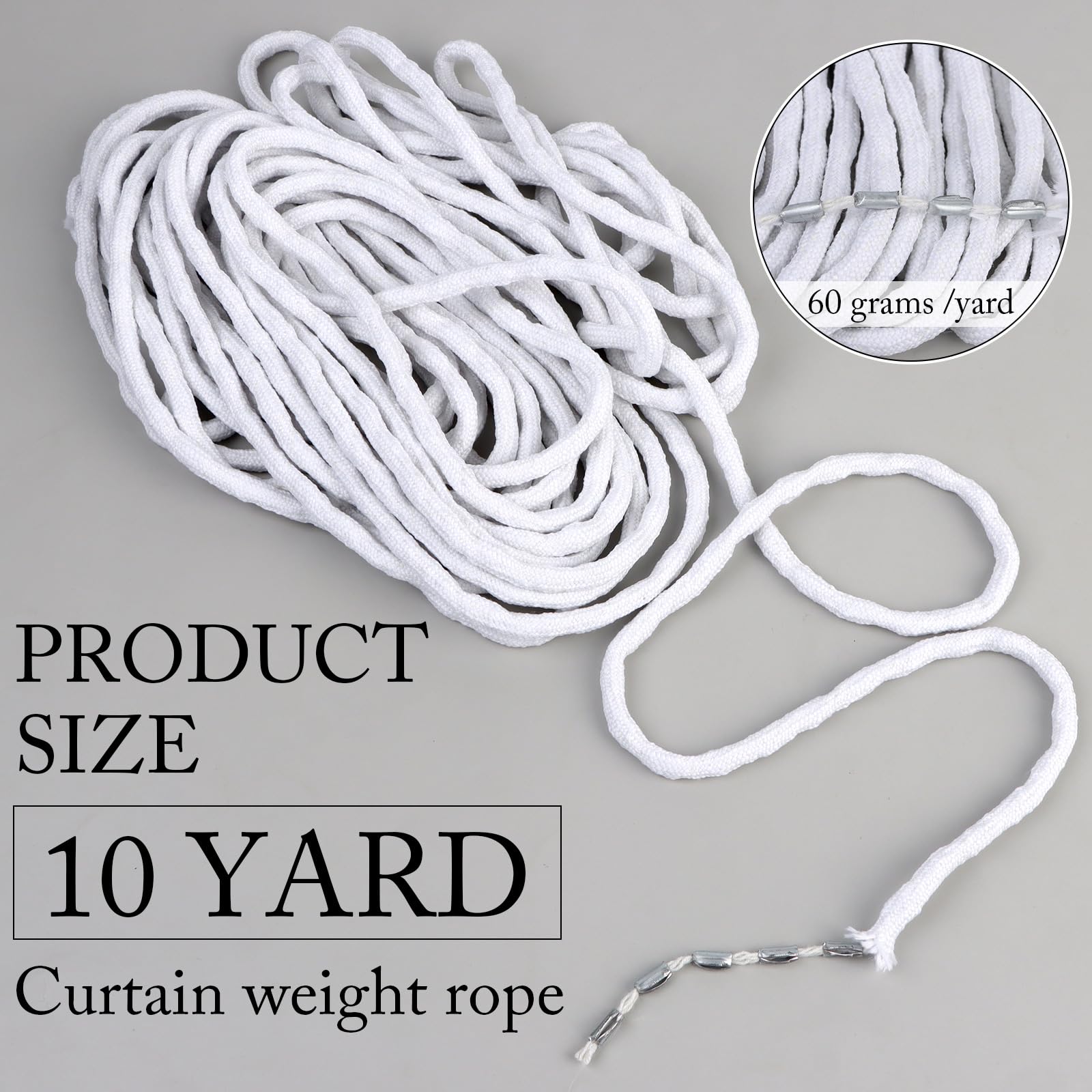 10 Yard Extra Heavy Sausage/Rope Lead Beads Weight Cord Rope Curtain Accessories for Light Weight Sheer Curtain Drapes Fabrics Weighted Tape Cording DIY Fabric Covered, (60g Per Yard)