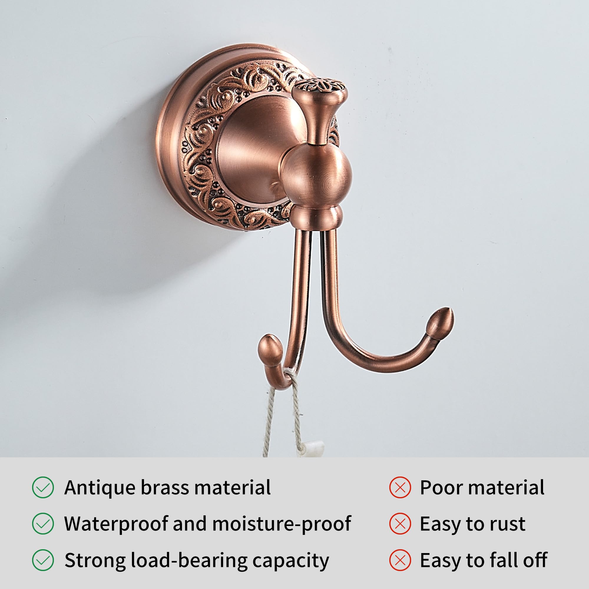 Red Copper Bath Towel Hooks, Wall Mounted Bathroom Hardware Accessories,Pattern Carving Design