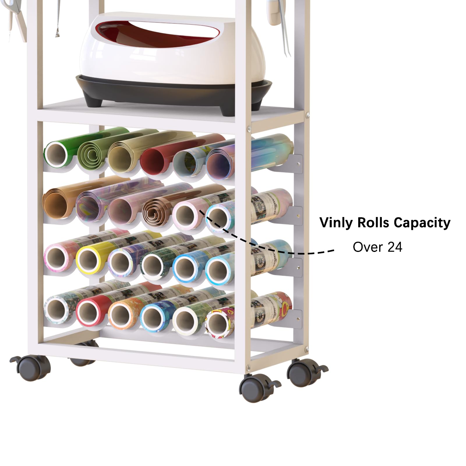 RJOKMT Rolling Craft Storage Cart with Crafting Table Organization Workstation - Compact Removable Design, Craft Storage and Organization Solution with 24 Vinyl Roll Holders (White, 29.3" H)