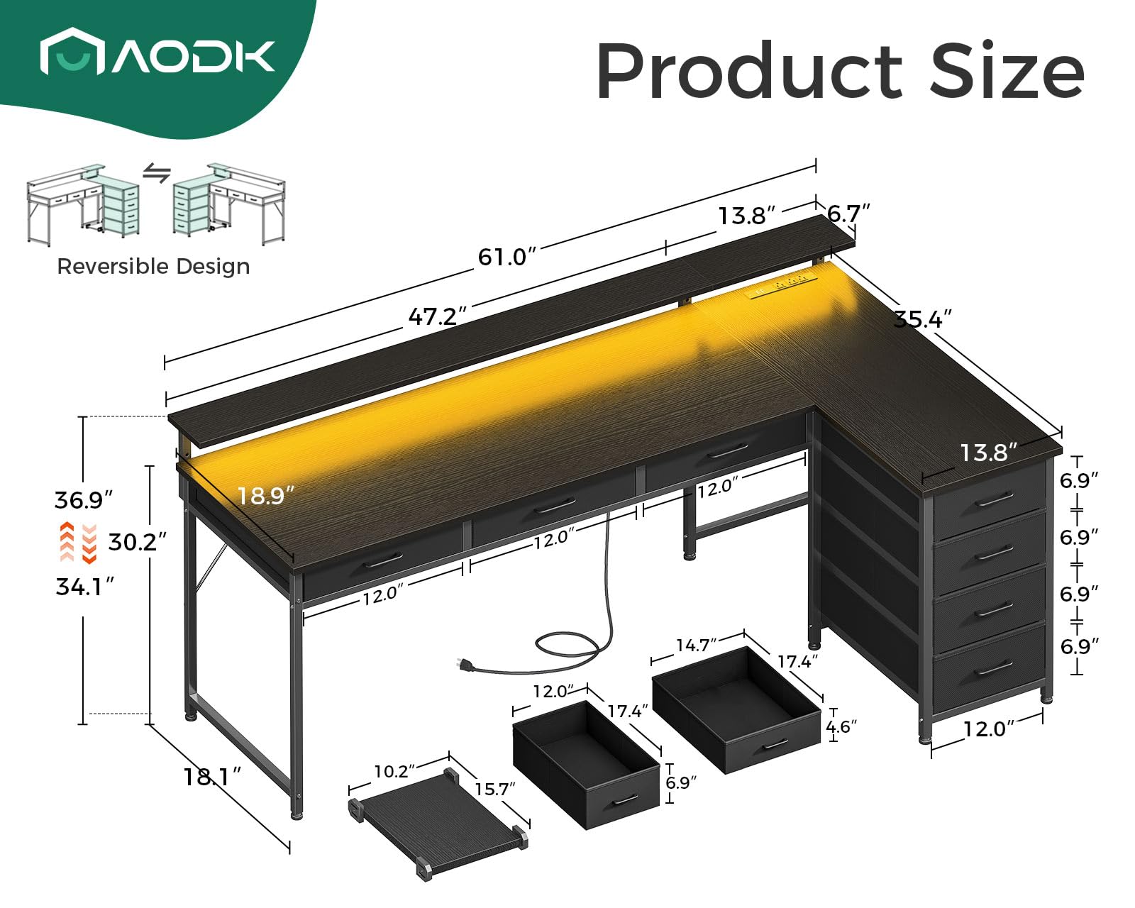 AODK 61" L Shaped Desk with 7 File Drawers, Gaming Desk with LED Light & Power Outlet, Reversible Home Office Desk with Monitor Shelf & Movable CPU Stand, Corner Computer Desk, Black