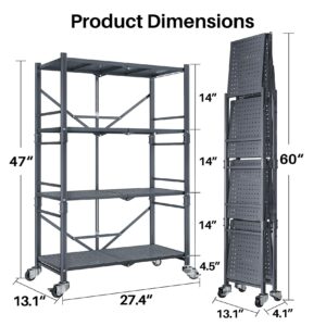 Folding Storage Shelves Metal Garage Shelving - 4 Tier Heavy Duty Foldable Shelf with Wheels, Grey