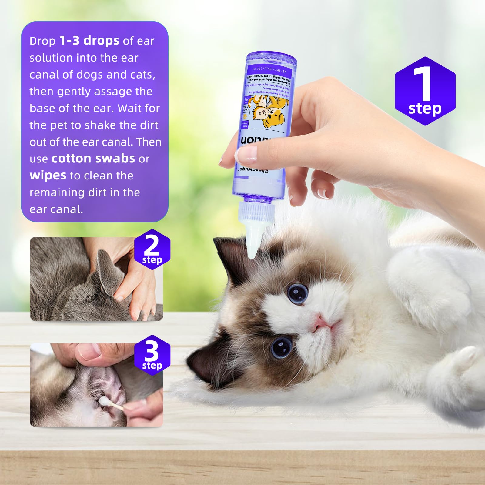 Chongwuge Pets Ear Cleaner for Dogs & Cats, Alleviate Infections, Deodorizing and Itchy, Clean Wax, Mild and Non-irritating, Care for Pet, with 20 Cotton Swabs, 4 fl oz