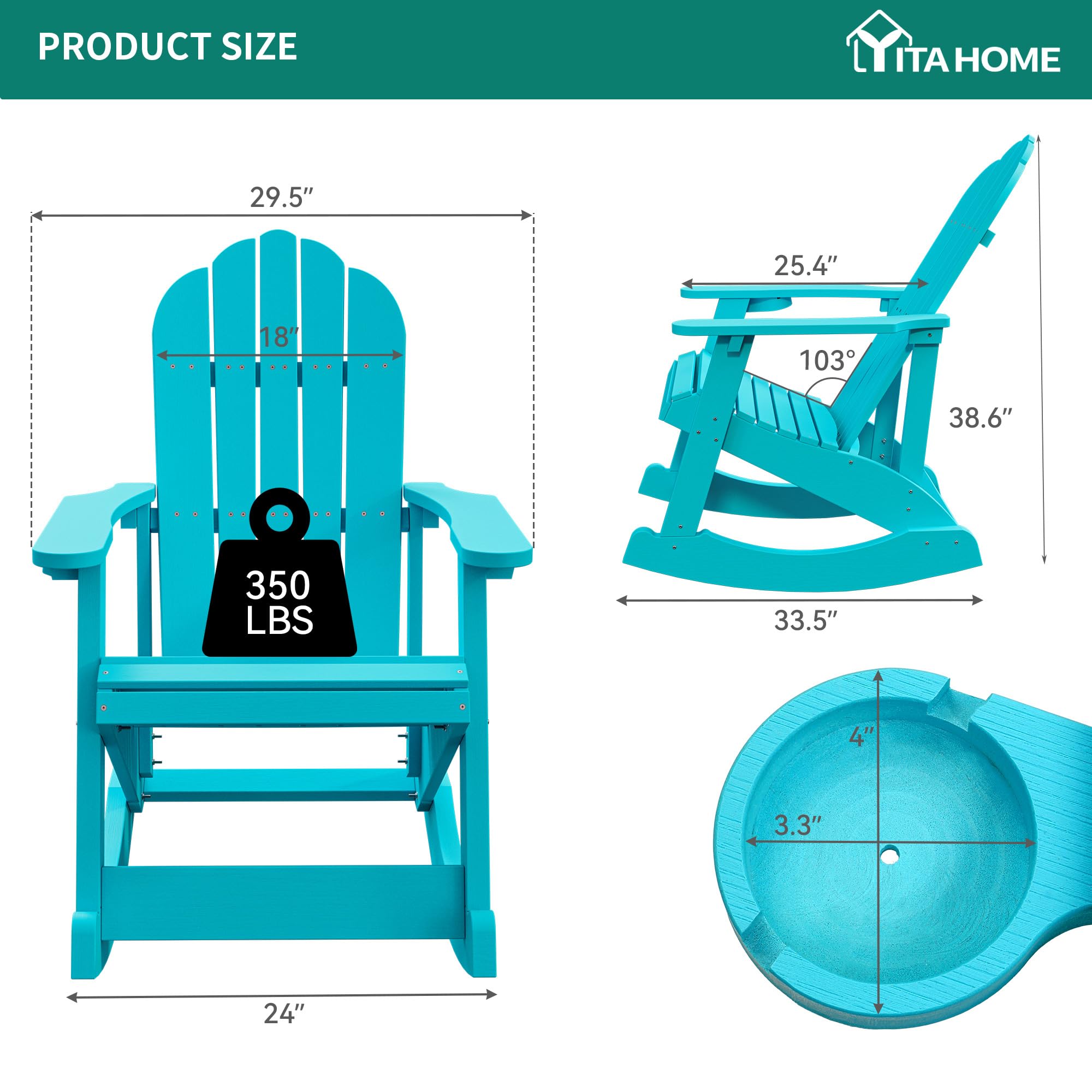 YITAHOME Outdoor Rocking Adirondack Chair, Heavy Duty Plastic Rocking Chairs with Rotatable Cup Holder, Oversized Rocker Chair for Garden Lawn Yard Patio Deck Backyard Pool Porch Beach Fire Pit