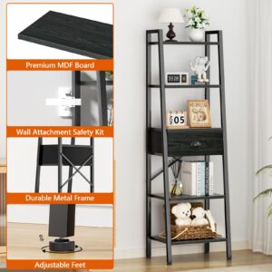 Furologee 5 Tier Bookshelf, Ladder Shelf with Drawer, Tall Bookcase Corner Shelf, Narrow Shelf Industrial Display Standing Units for Home Office, Living Room, Bedroom, Kitchen, Black Oak