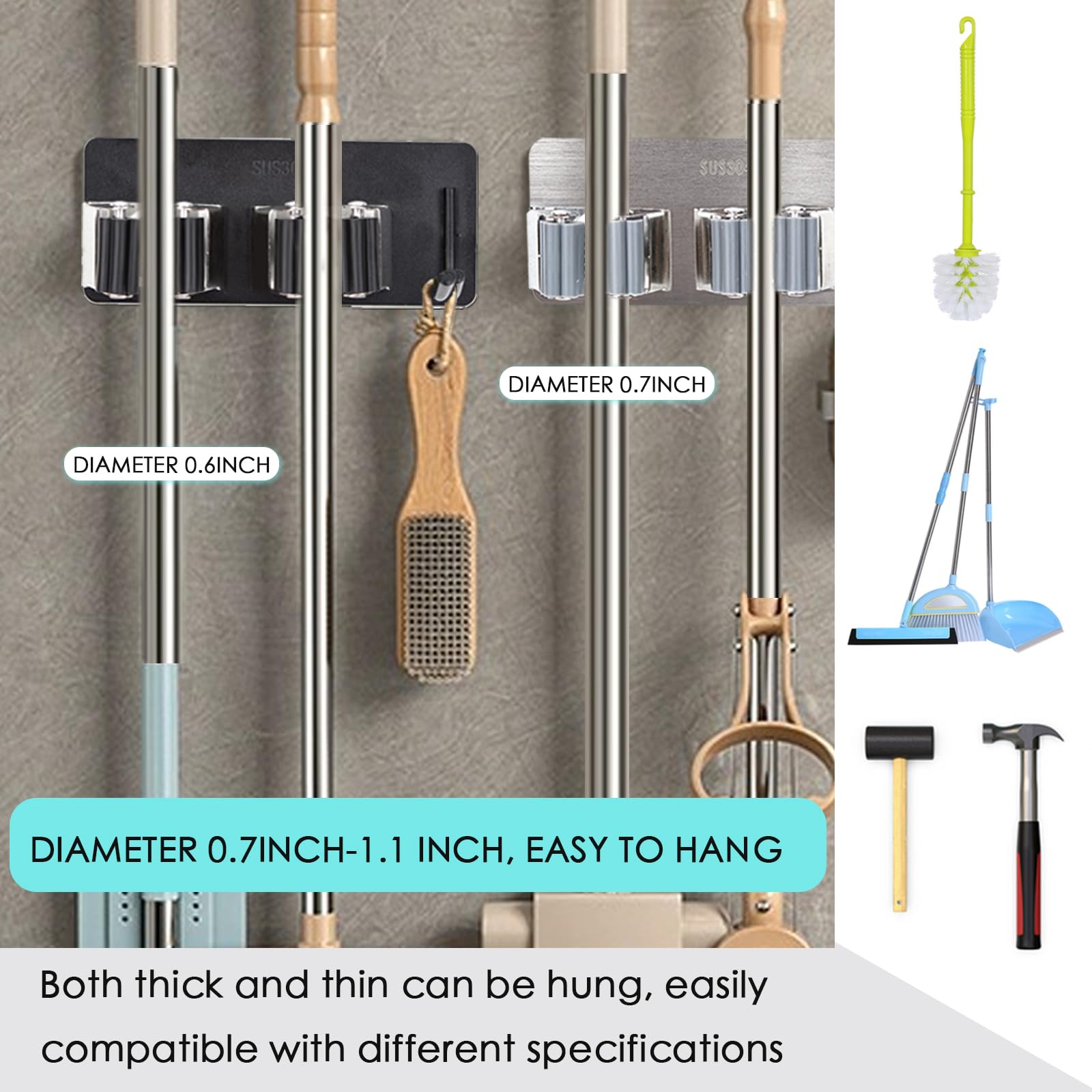 LINCAN Broom Holder Wall Mount, SUS304 Stainless Steel Mop Organizer, Heavy Duty Mop Broom Hanger with Hooks, Self Adhesive Storage Rack for Laundry Kitchen Garage Garden Storage, 3PCS