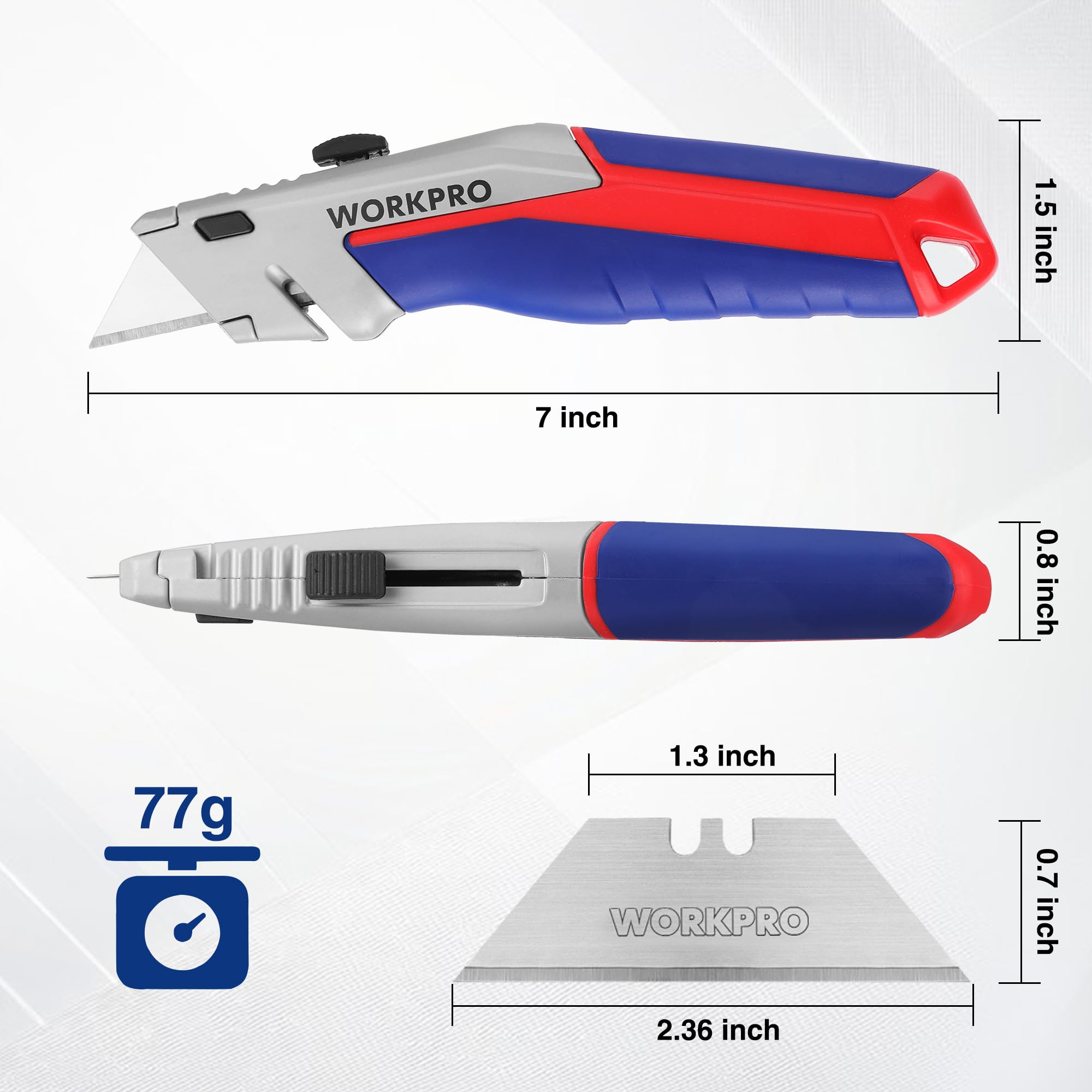 WORKPRO Retractable Utility Knife, Quick-Change Box Cutter with Twine Cutter, Heavy Duty Aluminum Razor Knife with Comfortable Handle, 10 Extra Blades Included