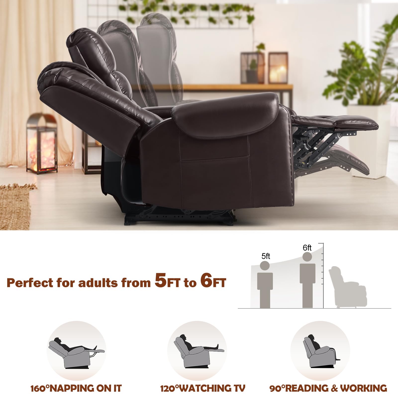 Large Massage Recliner Loveseat, Lumbar Heating Reclining Sofa Chairs, PU Leather, Ergonomic Living Room Chairs with Cup Holders, Remote Control, Brown