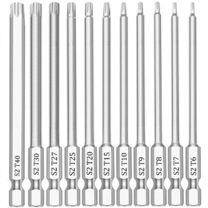 11 piece security torx bit set (t6-t40), 1/4 inch hex shank s2 steel magnetic tamper proof star screwdriver bit set 4" long