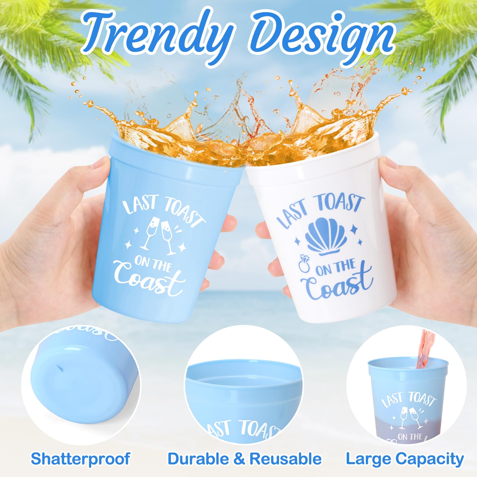 Tuitessine Last Toast On The Coasts Bachelorette Party Plastic Cups 12PCS Costal Stadium Cups Bridal Showers Party Favors Decorations Reusable Party Cups Supplies 16OZ