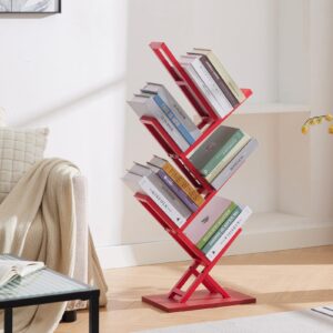 Ymesiyou 5 Tier Tree Bookshelf, Wisdom Tree Bookshelf, Modern Corner Book Shelfe, Small Bookshelf for Small Spaces, Utility Organizer for CDs/Books/Home Office/Living/Bedroom Room-Red