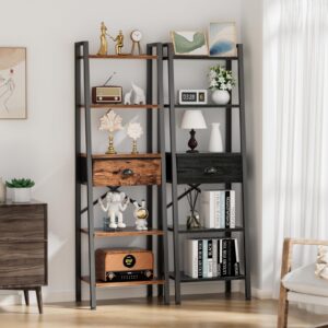 Furologee 5 Tier Bookshelf, Ladder Shelf with Drawer, Tall Bookcase Corner Shelf, Narrow Shelf Industrial Display Standing Units for Home Office, Living Room, Bedroom, Kitchen, Black Oak