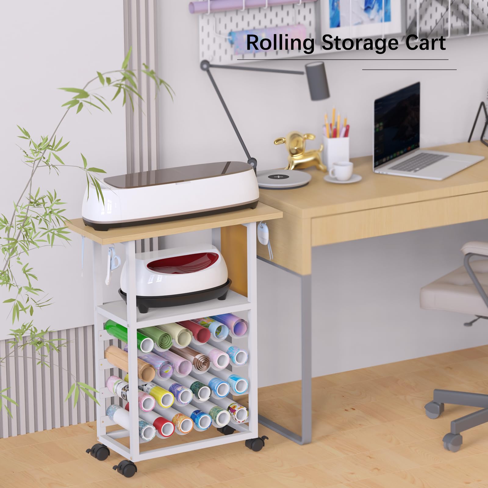 RJOKMT Rolling Craft Storage Cart with Crafting Table Organization Workstation - Compact Removable Design, Craft Storage and Organization Solution with 24 Vinyl Roll Holders (White, 29.3" H)