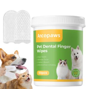 ancopaws teeth cleaning for dogs & cats - dental care finger wipes to remove bad breath - pet toothbrush plaque and tartar remover - tooth brushing kit (50 count)