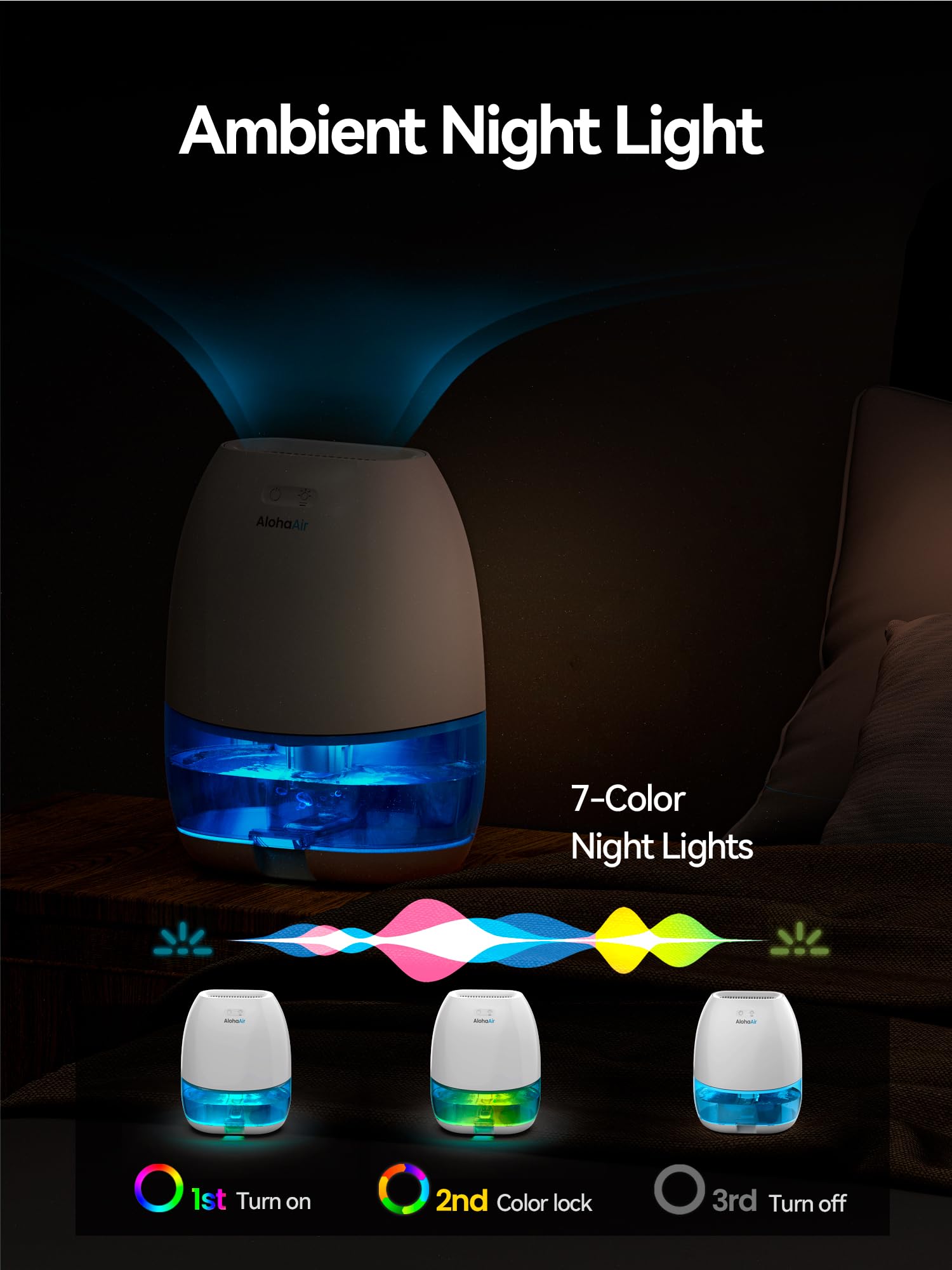 AlohaAir Dehumidifiers for Home, 34 oz Small Dehumidifier for Room, Quiet Dehumidifiers for Bathroom, Bedroom, RV, Closet with Auto Shut Off, 7 Colors Night Light