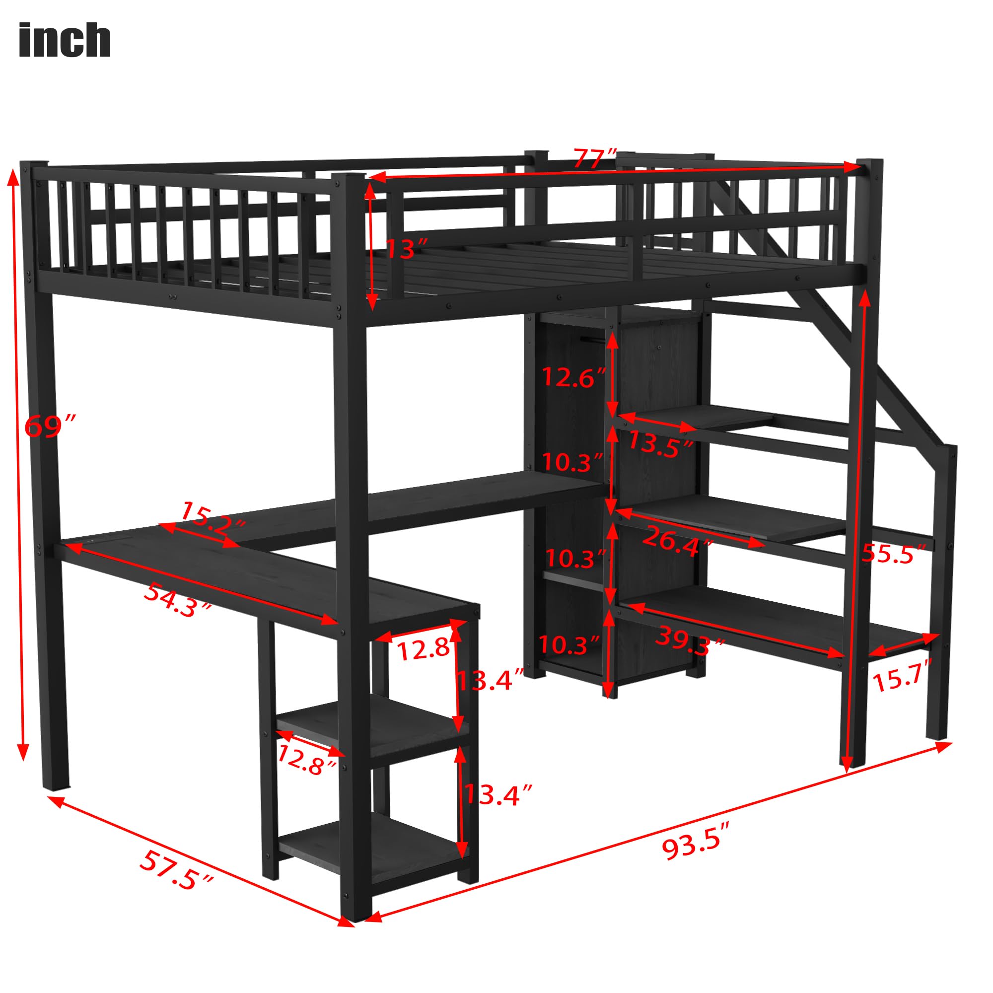 Full Size Loft Bed with Stairs and Desk, Metal Gaming Loft Bed with RGB LED Light, Heavy-duty Steel Loft Bed Frame with Storage Wardrobe, Shelves and Charging Station for Adults Kids Teens, Black